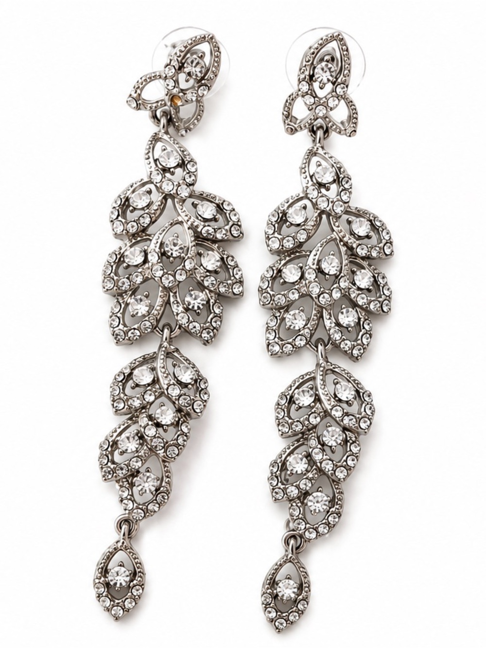 Vintage Rhinestone Crystal Leaf Chandelier Drop Earrings Silver Tone